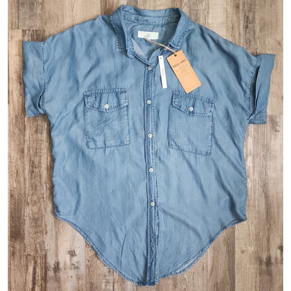 Thread & Supply Button Down Shirt Women Medium Blue Chambray Tencel Short Sleeve